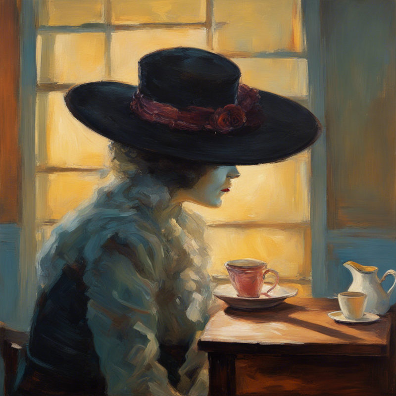 A painting depicting a woman in Victorian-era attire sitting at a table near a window. She wears a large black hat with a red band and a high-necked light-colored dress. The woman is shown in profile, facing left. On the table are a red teacup and saucer, along with a small white pitcher. Warm, golden light from the window illuminates the scene, creating a gentle, atmospheric mood. The painting style is reminiscent of impressionism, with visible brushstrokes and a focus on light and color.