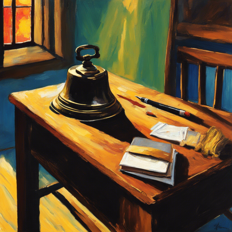 An expressionist painting of a vintage school desk with a large brass handbell as the focal point. The desk is bathed in warm, golden light from a nearby window, creating dramatic shadows. On the desk are a few books, a fountain pen, and papers, suggesting a teacher's workspace. The bell is centrally placed and gleams in the sunlight. The background features vibrant greens and blues, with bold brushstrokes typical of expressionist style. The composition creates a nostalgic, atmospheric scene of an old classroom, with strong contrast between light and shadow.