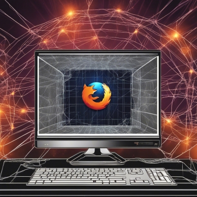 This shows the Firefox Browser logo on a futuristic computer screen surrounded by a glowing web.