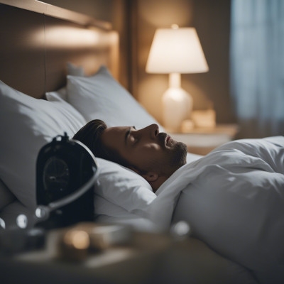 This Stable Diffusion picture shows an unused CPAP machine in the foreground with a man peacefully sleeping in the background.