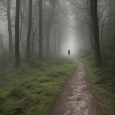 This image shows a forest path disappearing into the mist in the distance. There is a lone traveler walking toward the mist.