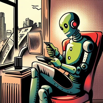 This is an image of a robot chatting on a cellphone.