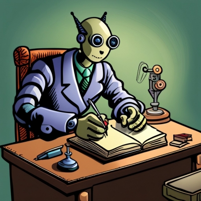 This is an image of a robot writing a book.